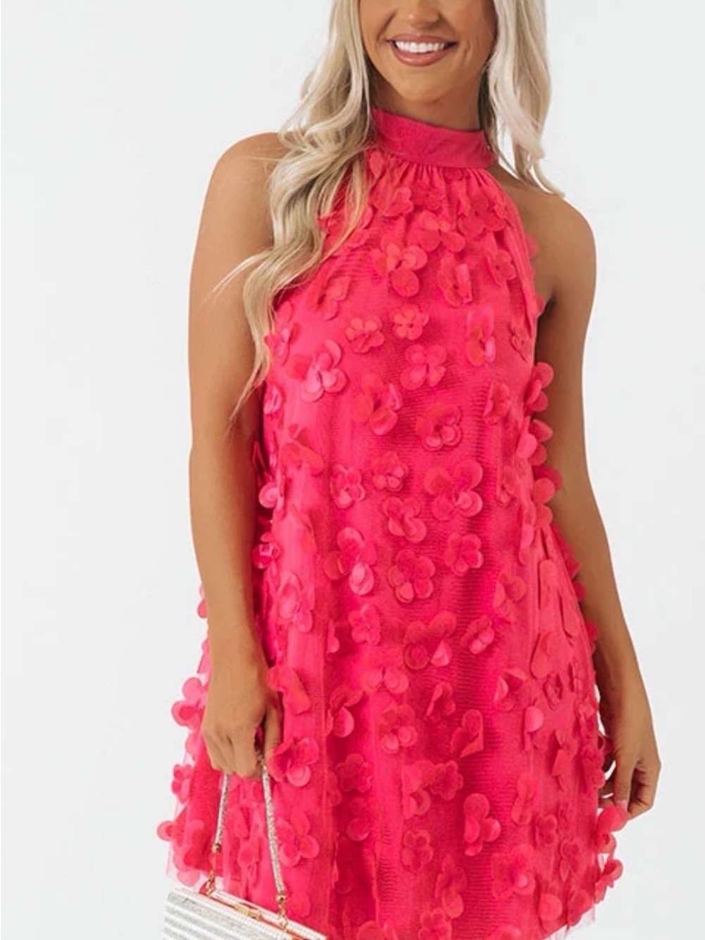 TCEC Hot Pink Halter Mini Dress with 3D Floral Appliqués